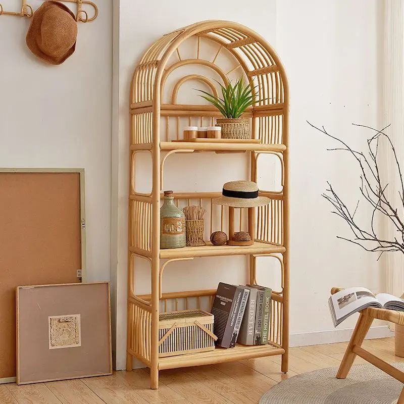 Nordic rattan weaving shelves ins multi-layer floor shelves B&Bs small apartment natural real rattan bookshelves movable storage