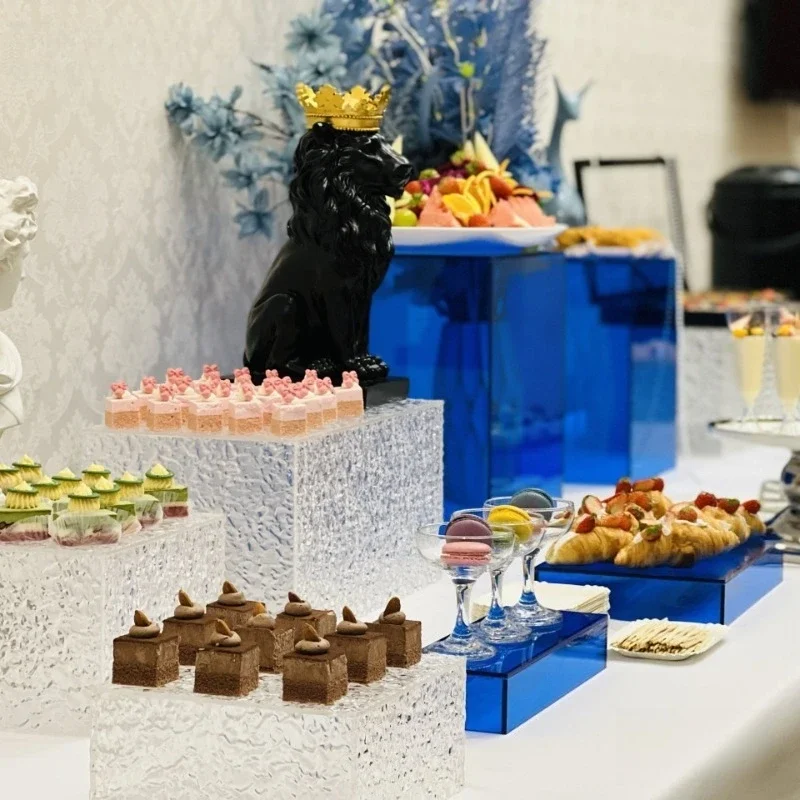 

Blue dessert table pillar, acrylic pattern coffee break snack display shelf