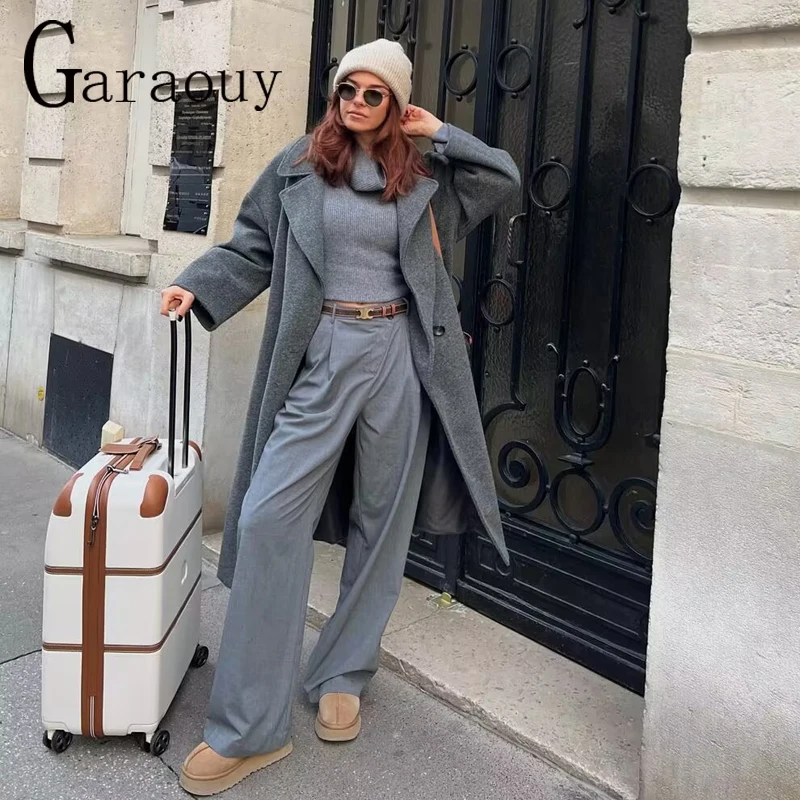 Garaouy 2023 Lapel Women Straight Overcoat Casual Double-Breasted Office Lady Long Jacket Winter Solid Female Streetwear Coats