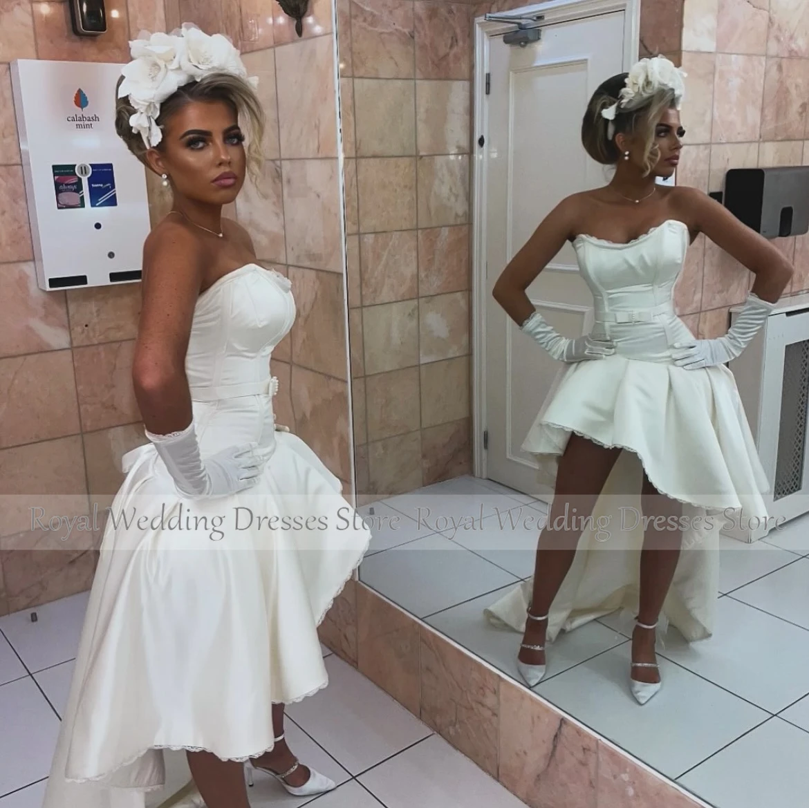 ชุดแต่งงานทรงเอไลน์ผ้าซาตินสีงาช้าง ชุดแต่งงานแบบไร้สายสำหรับเจ้าสาว ชุดแต่งงานแบบผูกเชือกด้านหลัง