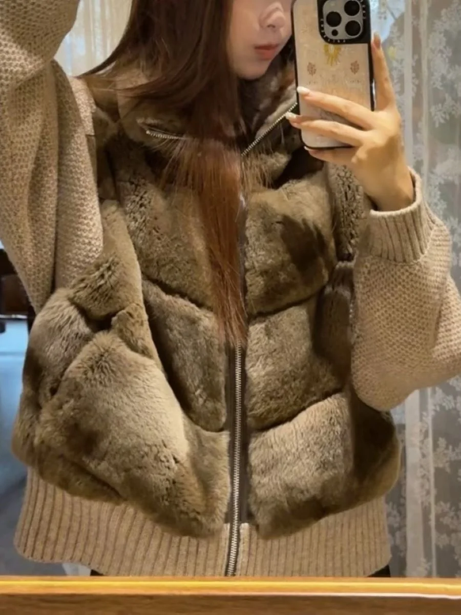 

Autumn Winter Women's Fur Stitching Coat High Neck Long Sleeve Vintage Ladies Jacket