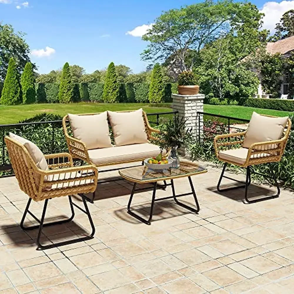 Outdoor All-Weather 4-Piece Rattan Bistro Set with Loveseat Chairs and Glass Table Steel Frame & Thick Cushions Modern Design