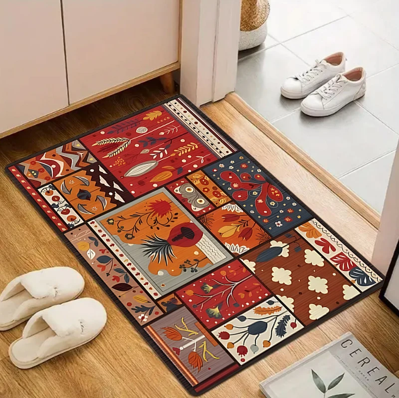 Folk Art Patchwork Floor Rug Vintage Bohemian Botanical Floral Geometric Block Mosaic Warm Earth‑Tone Decor Area Rug