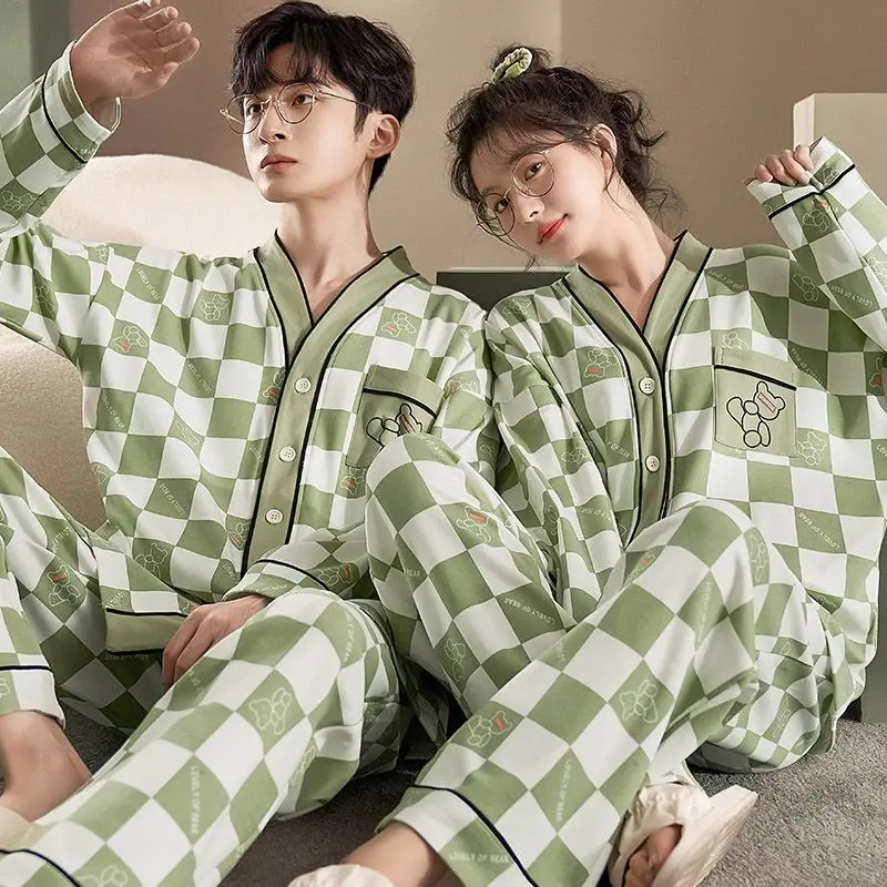 Couple Pajamas 100% Cotton 2023 Women's Pajamas Autumn and Spring V-neck Button Cardigan Loungewear Women Men Sleepwear