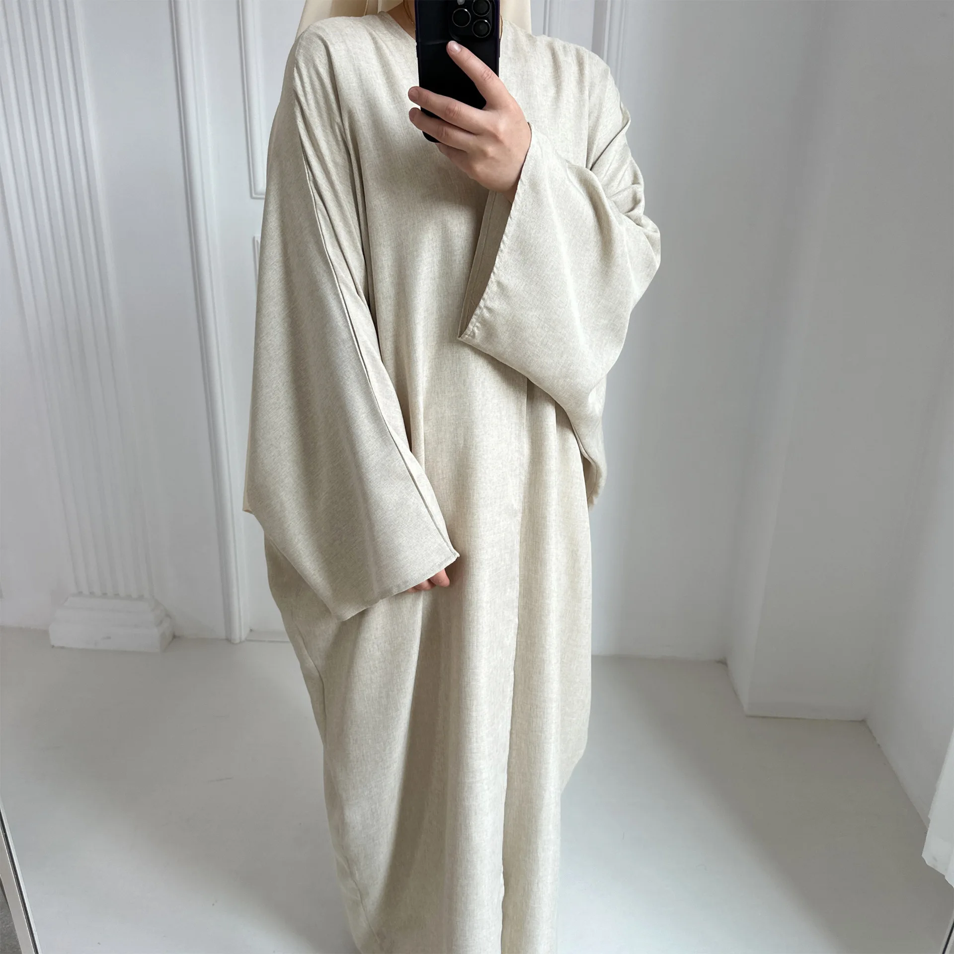 New Solid Fashion Modest Kimono Open Abaya for Women Arab Dubai Turkey Moroccan Cotton Linen Overcoat Outer Garment Autumn