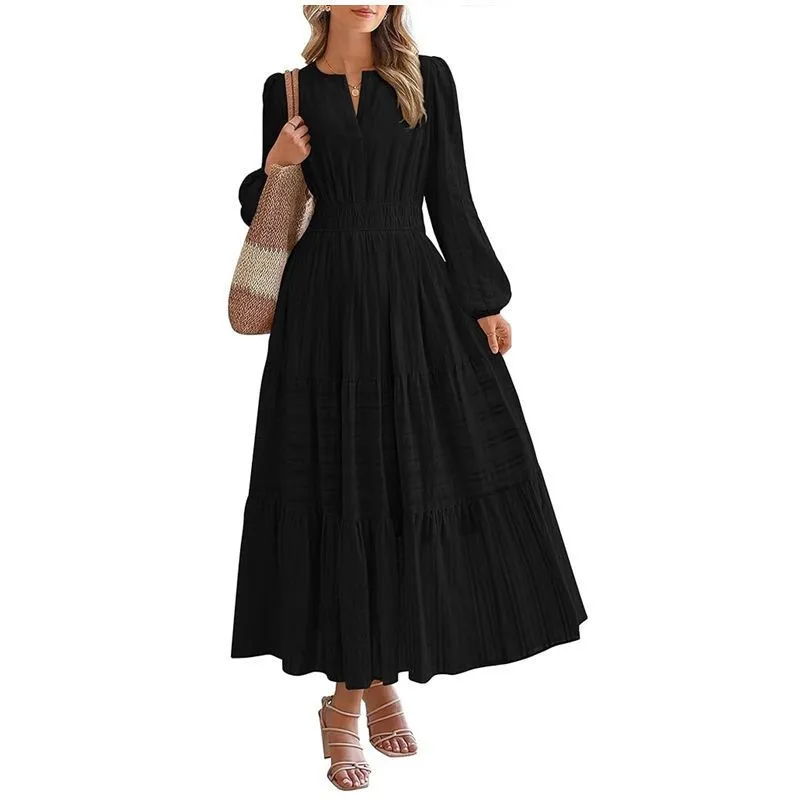 ชุดเดรสยาวผู้หญิง สไตล์เจ้าหญิง ดีไซน์เรียบหรู คอวี แขนยาว สีพื้น ทรงหลวม สำหรับผู้หญิง ฤดูใบไม้ร่วง 2025 รุ่นใหม่