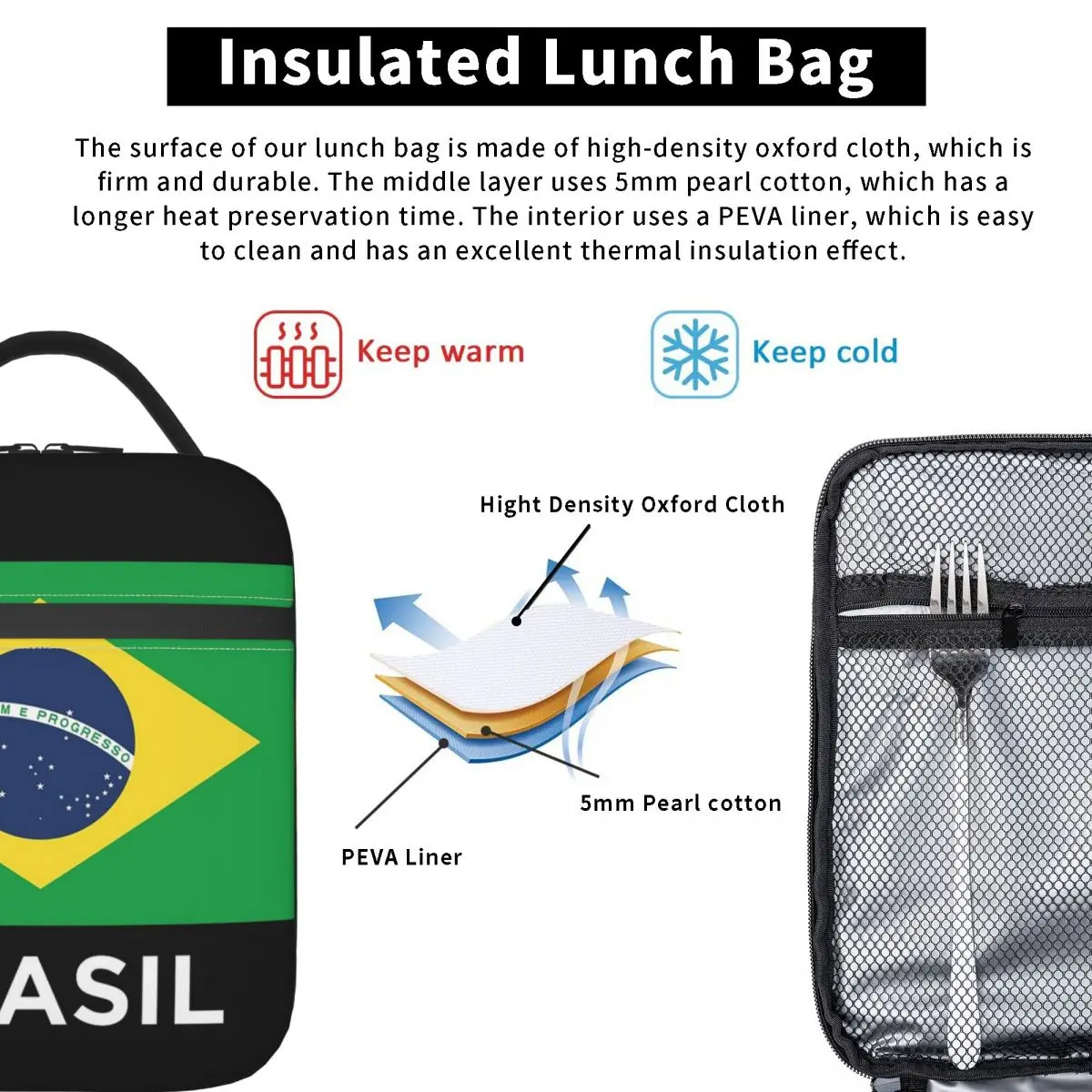 Brazil Soccer Team Football Brazilian Flag Insulated Lunch Bag for Women Kids Leakproof Food Boxes Thermal Lunch Box Tote