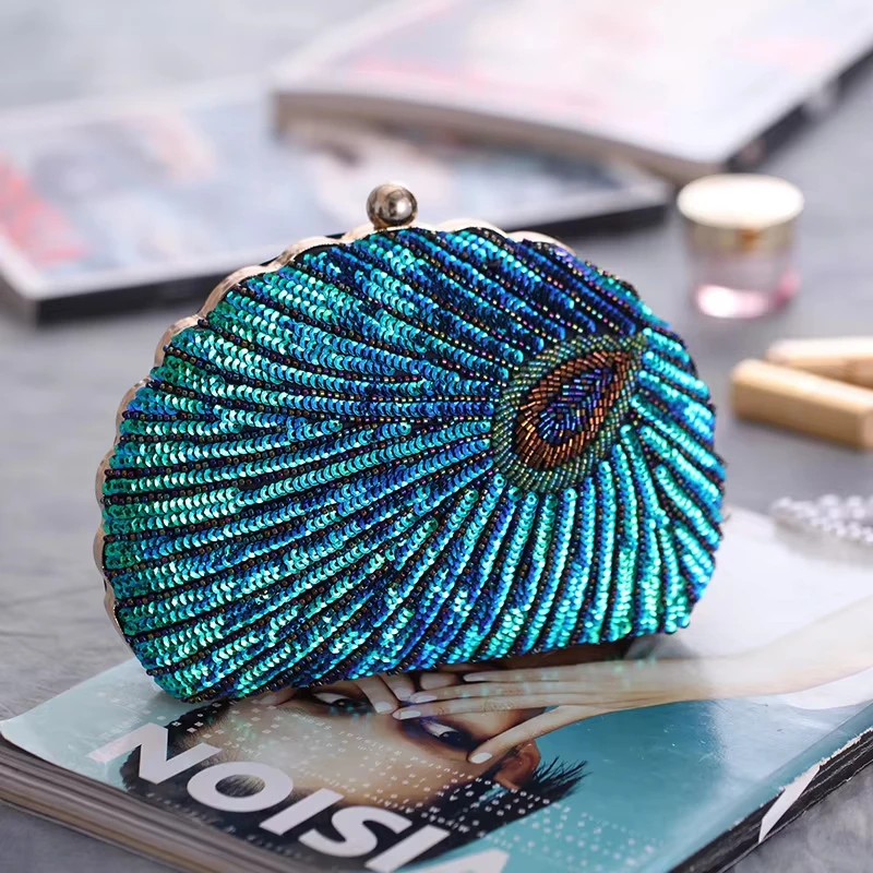 Chinese Retro Evening Bag Shell Shape Women's Clutch Bag Sequin Purses  Retro Embroidery Evening Bag Female Party Handbag