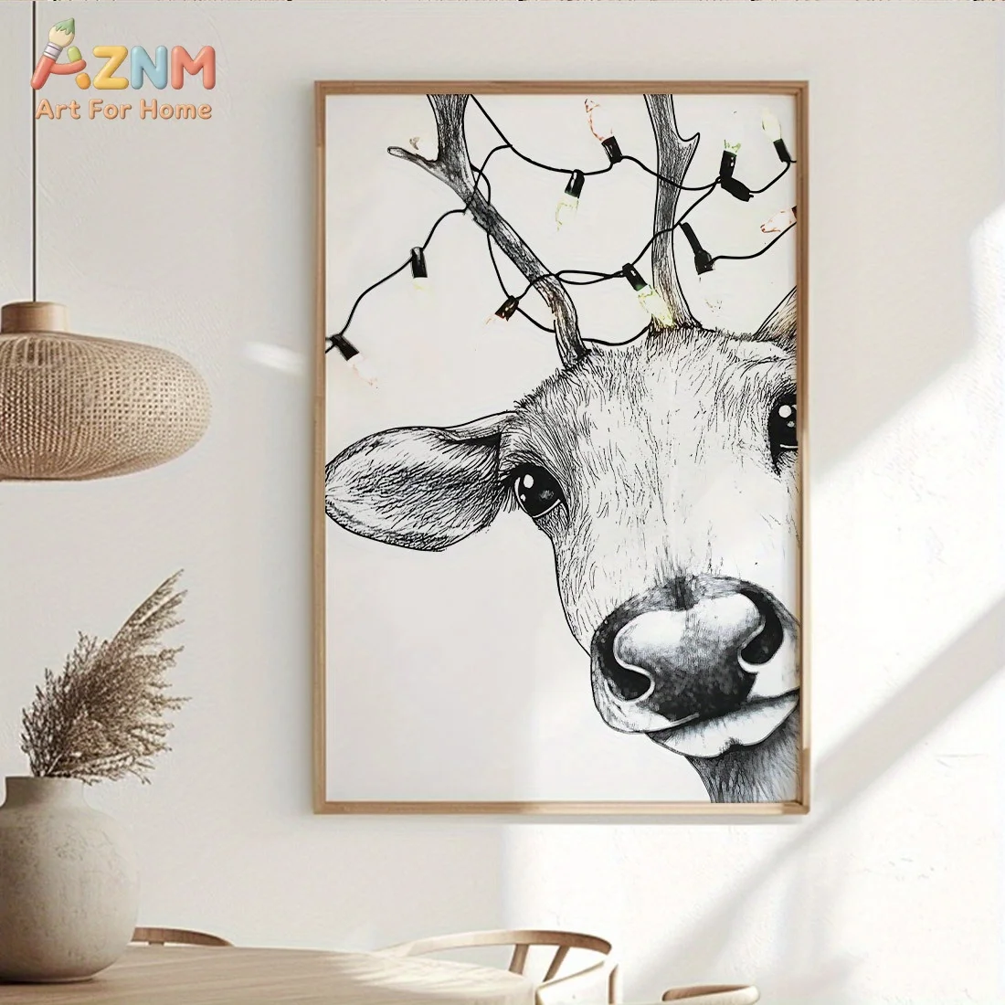 AZNM Sketch Reindeer With Christmas Lights Canvas Wall Art Minimalist Black White Xmas Animal Print Unframed Canvas Painting For