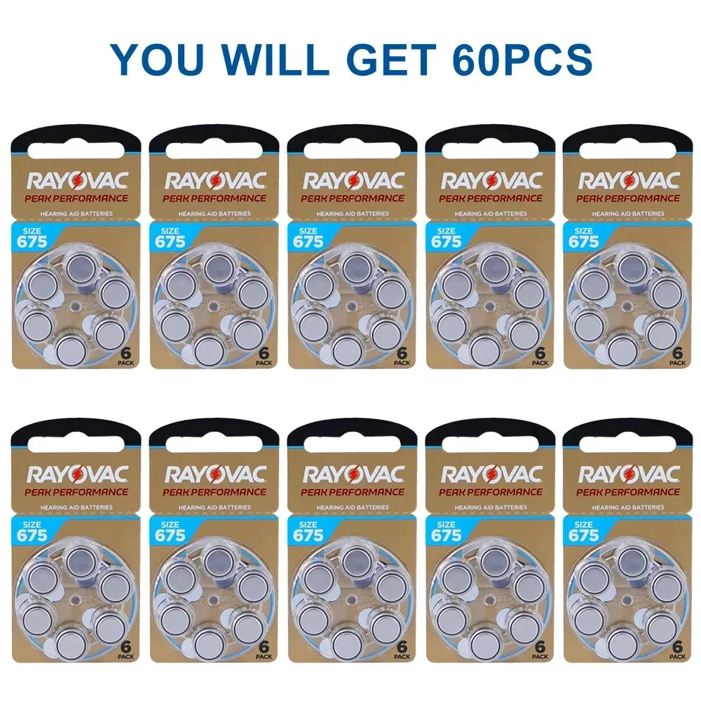 60PCS/10 Cards Rayovac Peak 1.45V 675 A675 PR44 Mercury Free Zinc Hearing  Air Battery For Hearing Aids Cochlear Implants