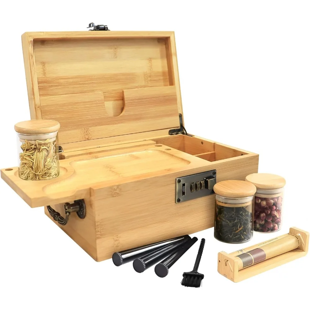 Bamboo Box with Combination Lock, Decorative Box with Handle, Large Storage Stash Box Set, Removable Dividers