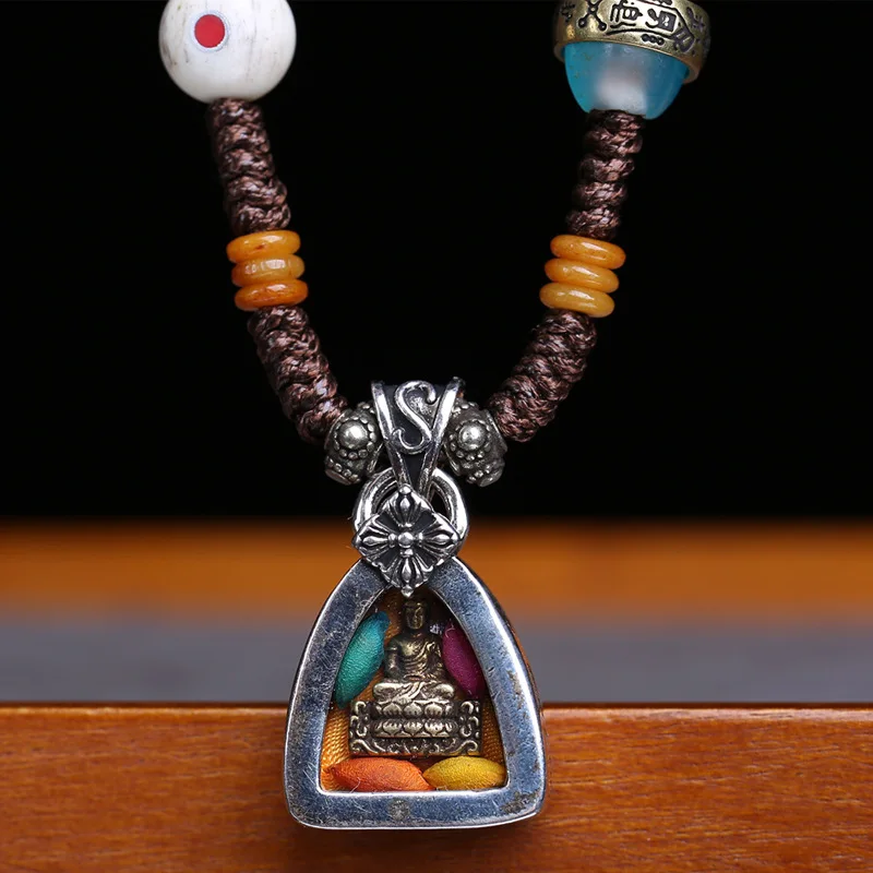 -Style Silver Gau Box, Medicine Buddha Pendant, Clavicle Chain,, Glass , Agate, And Tibetan Prayer Beads Wo
