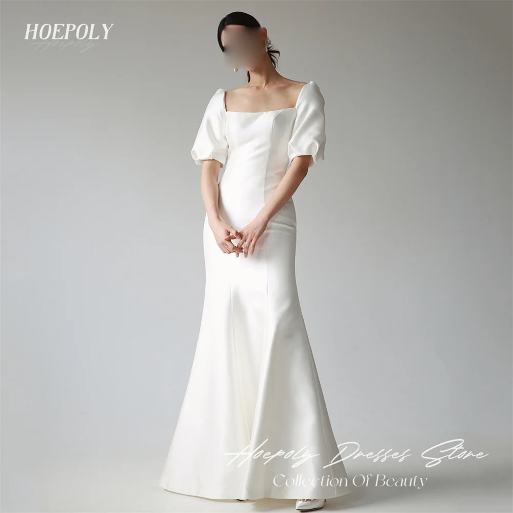 Hoepoly White Square Neck Half Puff Sleeve Backless Mermaid Pleat Long Evening Dress Floor Length Classy Formal Prom Gown 프롬드레스