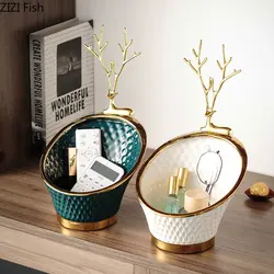 Golden Deer Decorative Storage Bowl Trays Decorative Fruits Basket Creative Toothpick Holder Storage Ornaments Jewelry Display