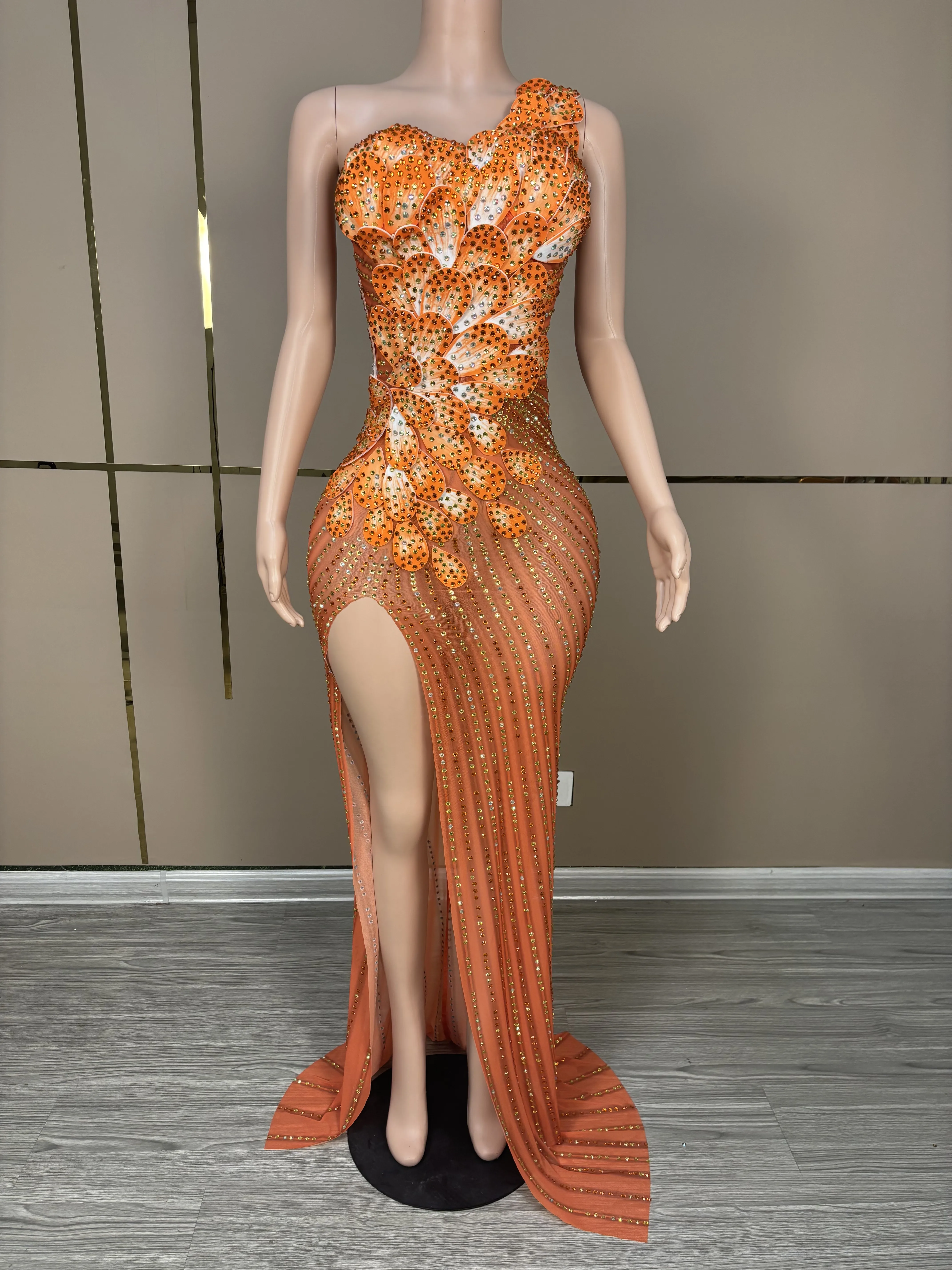 Stereoscopic Petal Orange Sexy One Shoulder High Slit Sheath Dress Evening Party Performance Costume Nightclub Singer Stage Wear