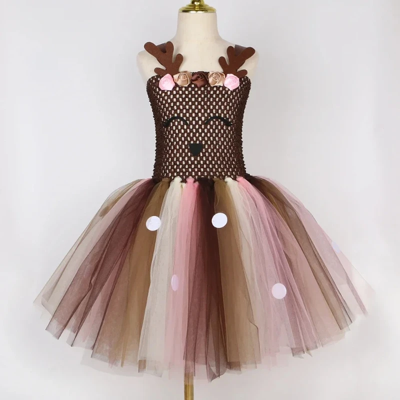 Cartoon Deer Costume for Girls Christmas Tutu Dress Clothes Flowers Antler Elk Reindeer Costume Kids Halloween Xmas Party Outfit