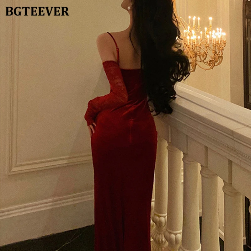 BGTEEVER Sexy Elegant Long Sleeve Female Strapless Bodycon Skinny Dress Autumn Winter Slim Waist Ladies Package Hip Velvet Dress