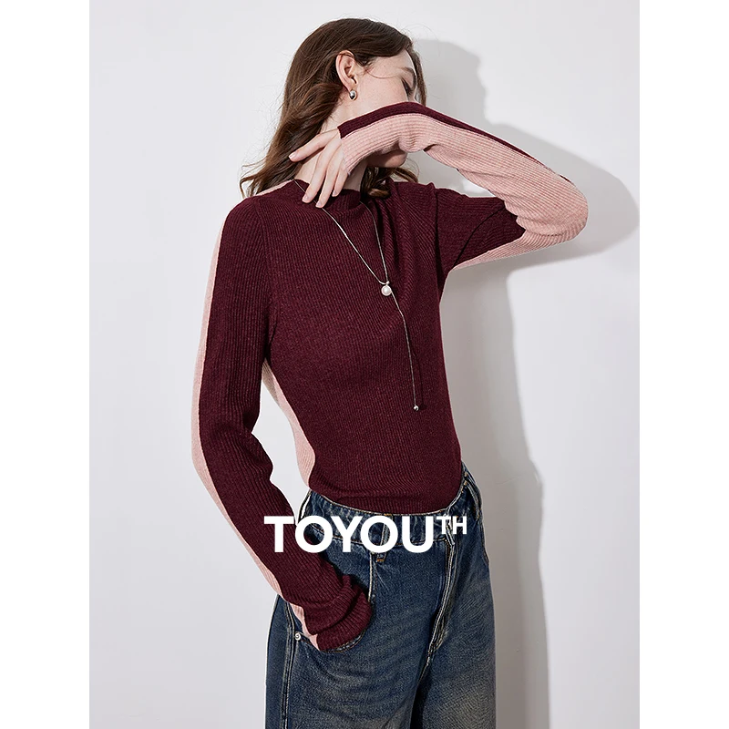 Toyoutth camisola de malha feminina 2024 outono e inverno nova gola alta contraste emenda pulôver camisola topos