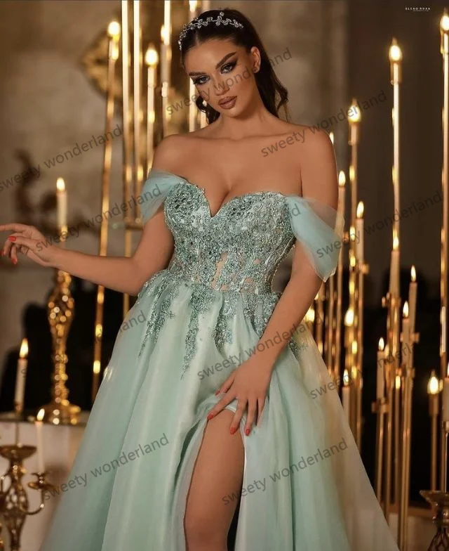 Mint Green Off Shoulder Prom Dresses Side Slit Lace Corset Bridesmaid Dress Floor Length Formal Party Vestido De Novia