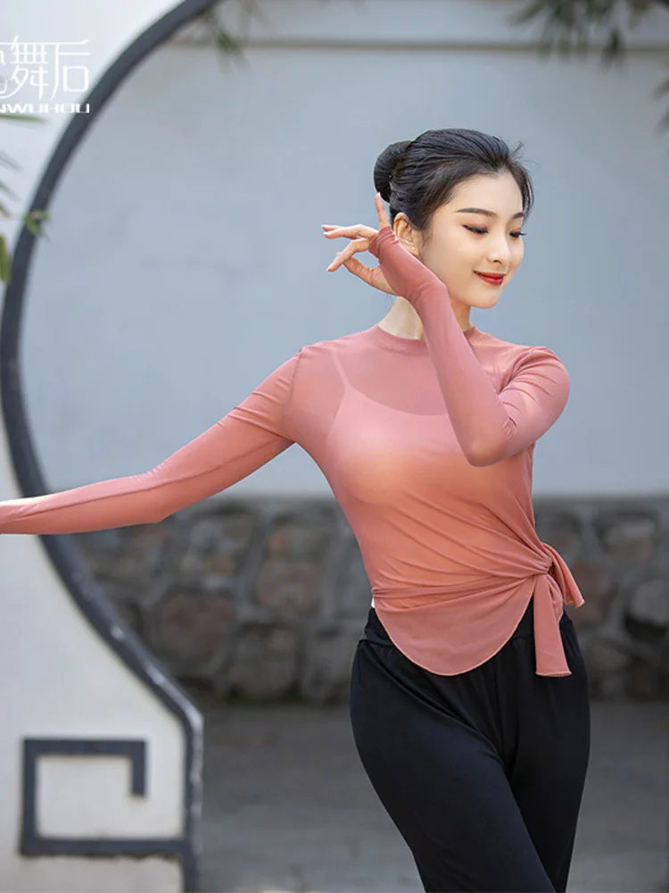Einfarbiges, langärmliges, tailliertes Mesh-Oberteil für Damen – Elegante klassische Tanz-Performance-Kostümbluse