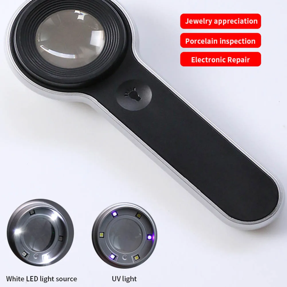 60X Handheld Magnifying Glass USB C Rechargeable 6 LED light Reading 30mm Lens High Magnification circuits jewellery Jade