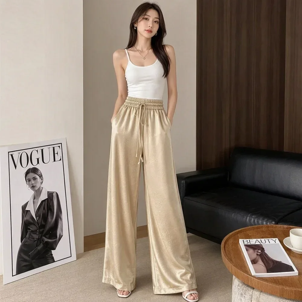 Women Satin Wide Leg Pants Lightweight Loose Fit Drawstring Elegant Breathable Soft Flattering Daily Casual Comfy Summer