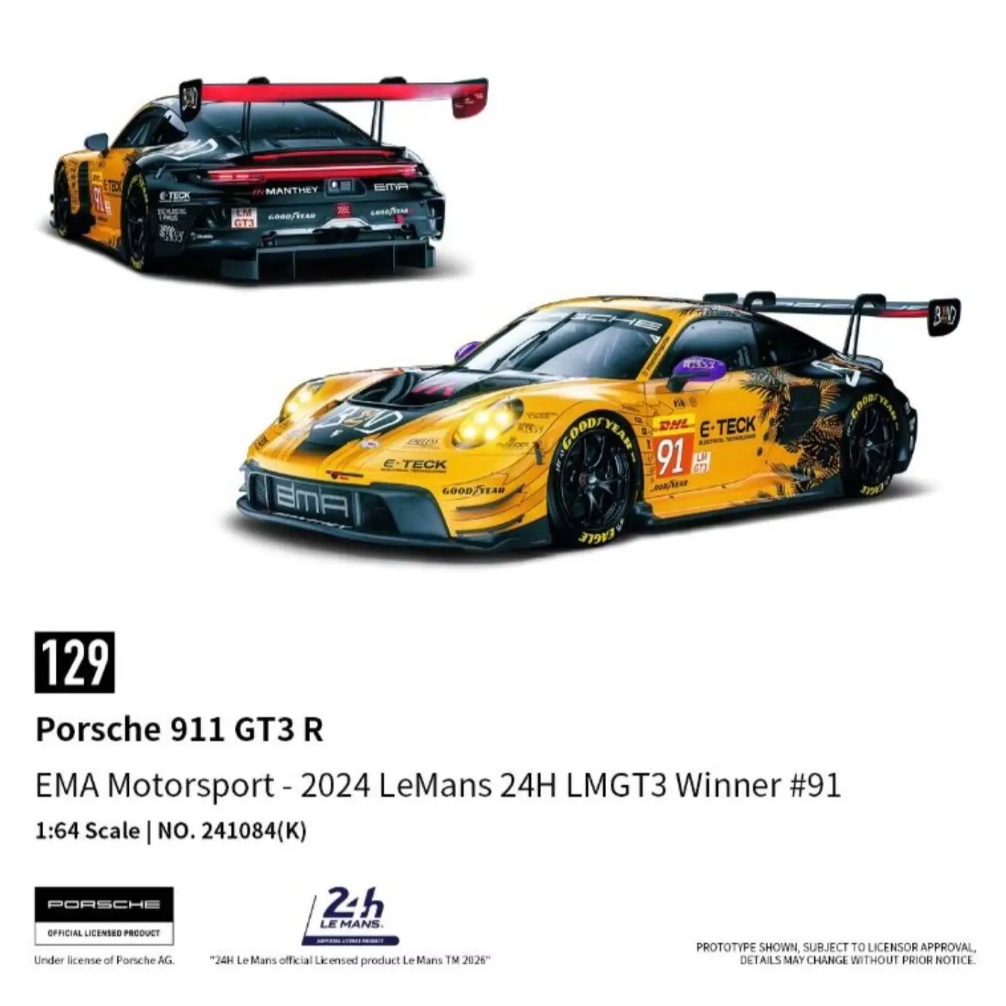 Pre-Sale 1:64 TH Porsche 911 GT3 R Le Mans 24H 2024 #91 #92 Alloy Diecast Model view 2