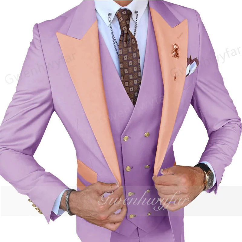 

Gwenhwyfar Fashion New Light Purple Men's Suit Single Breasted Casual Business Blazer Vest Pants Slim Fit Wedding Groom Tuxedo