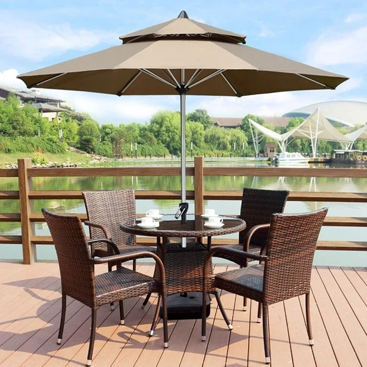 

A High quality outdoor garden 4-seat armrest plastic rattan dining chair set with umbrella