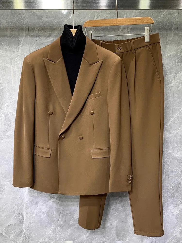 British Style Mens Suits Sets Slim Fit Double Breasted Suit Jacket Pants Office Men Business Formal Groom Elegant Two Piece Set