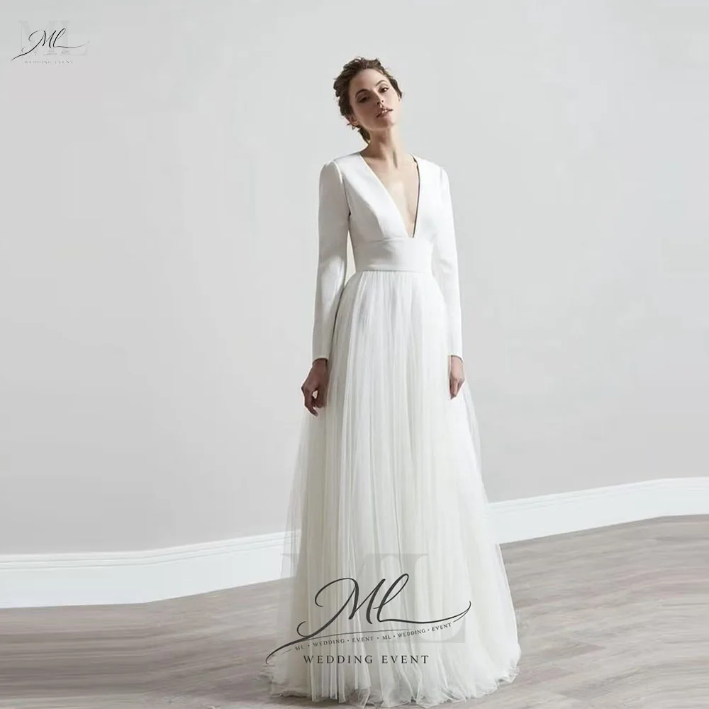 

ML Simple A Line Wedding Dresses Long Sleeves Matte Satin Tulle Vintage Bridal Gowns Customized Women Formal Party Dress White