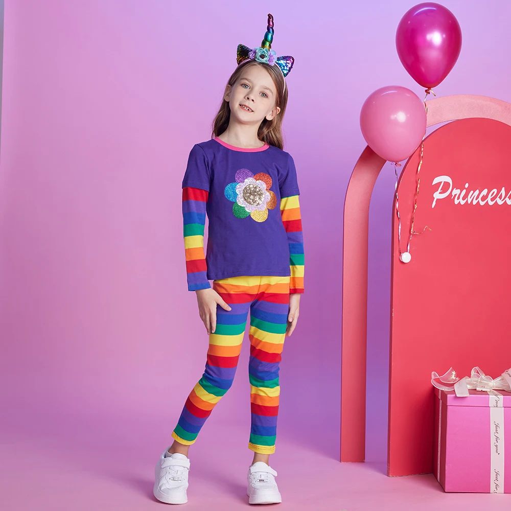DXTON Kinder Mädchen Tägliche Kleidung Set Gestreifte Hosen + Tops Cartoon 2 Stücke Kinder Casual Outfit Pailletten Floral Mädchen Oberbekleidung Anzüge