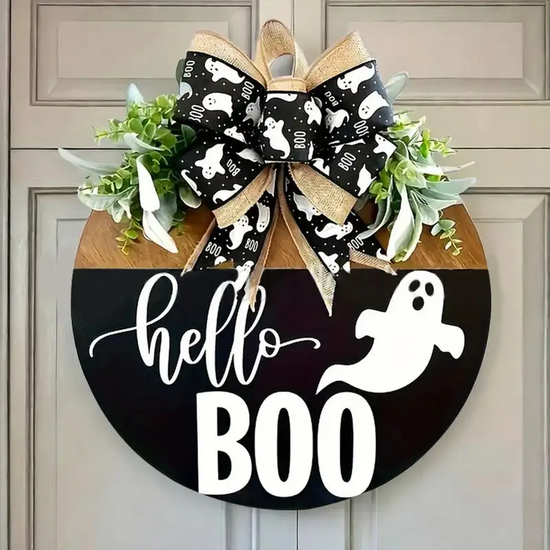 Halloween Welcome Sign of Boo Ghost, Sinal Pendurado com Arco, Grinaldas de Madeira, Decoração Pendurada para Porta da Frente, Alpendre, Decoração Assustadora