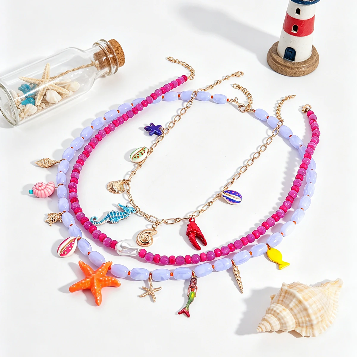 

2026 New Summer Beach Vacation Multi Layer Ocean Themed Resin Beaded Necklace With Starfish Seahorse Charms For Women Jewelry