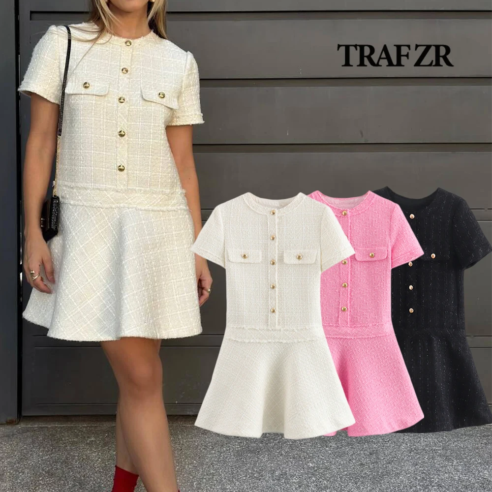 TRAF ZR Fashion O-neck Short Dresses Ruched A-line Skirt VintageTextured Short Sleeve Mini Gown Chest False Flap Pockets