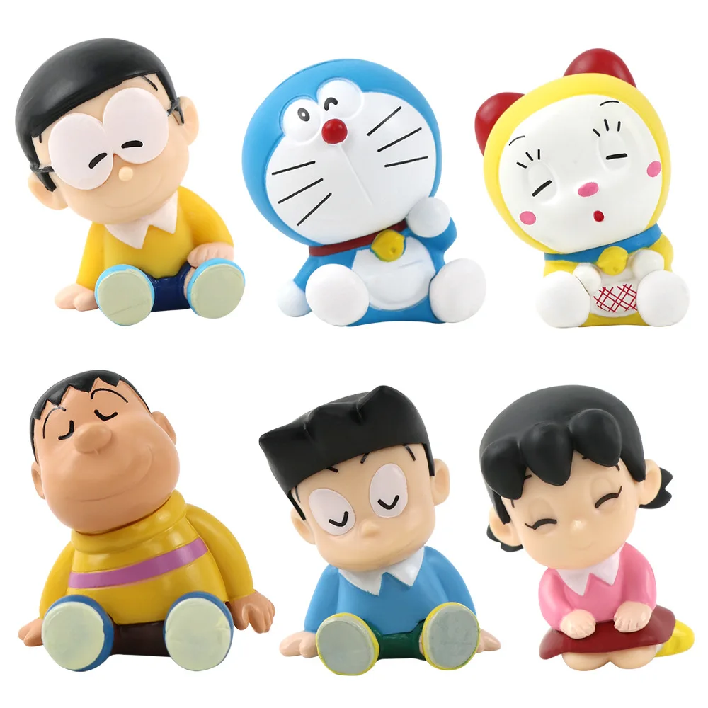 Anime Doraemon Q Versão Mini Action Figure, PVC Modelo Estátua, Anime Brinquedos, Enfeites de Carro, Desk Decor, Presentes Boneca, Em Caixa, 6Pcs por Conjunto