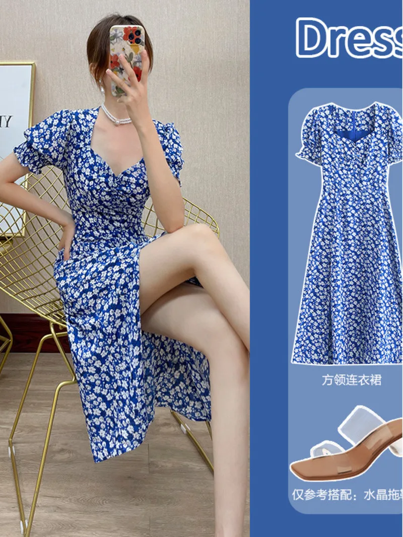 

Split Horn Chiffon New Dress Long Dress Qipao Sexy Casual Square Neck Flare Sleeve Fragmented Flower Summer Short Sleeve 69EA