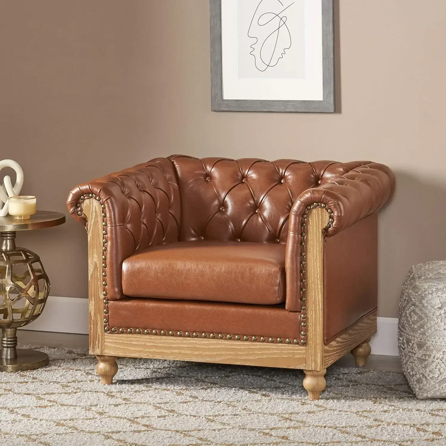 Knight Home Castalia Club Chair, Cognac Brown + Natural