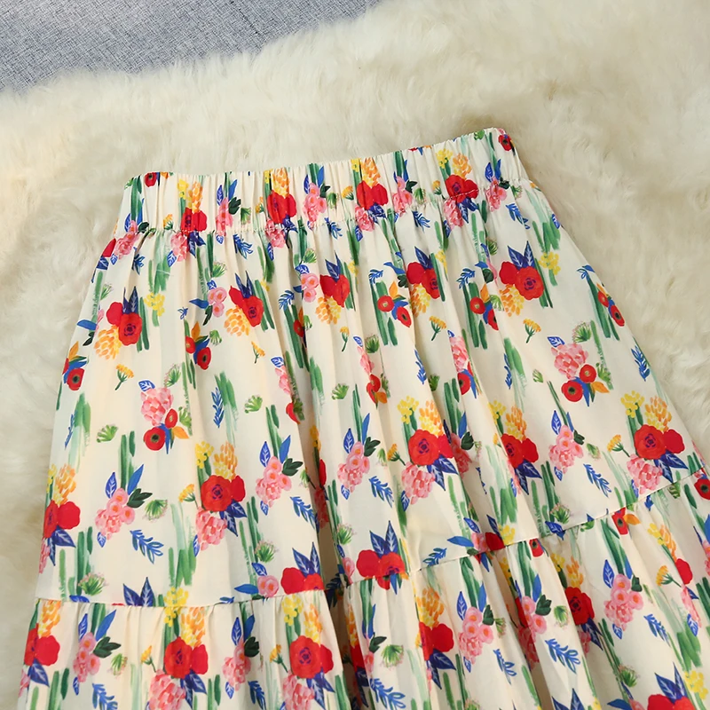 Seoulish Vintage Floral Skirts for Women 2024 New Summer Spring Pleated Patchwork High Elastic Waist Caual A-line Skirts Female