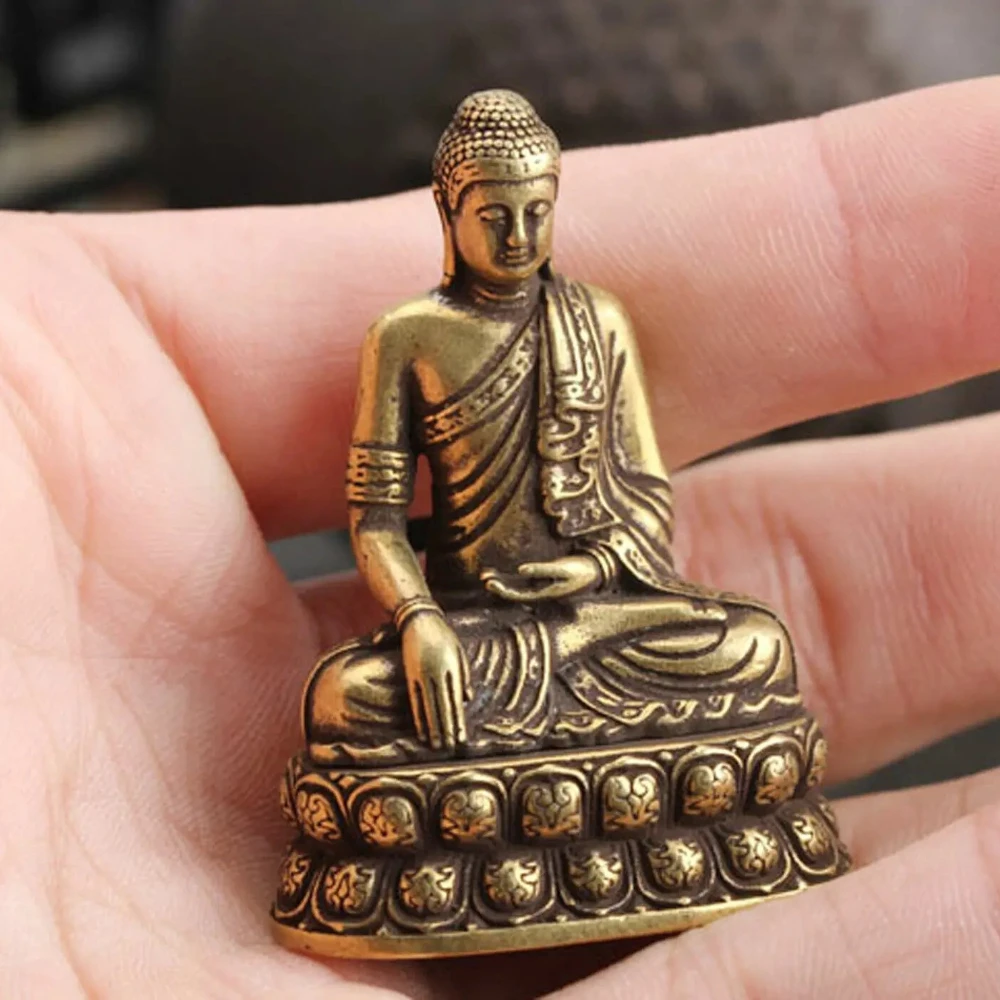 Vintage Brass Sitting Buddha Figurine Small Sakyamuni Statue for Collection Journey Worship Antique Home Desktop Decor