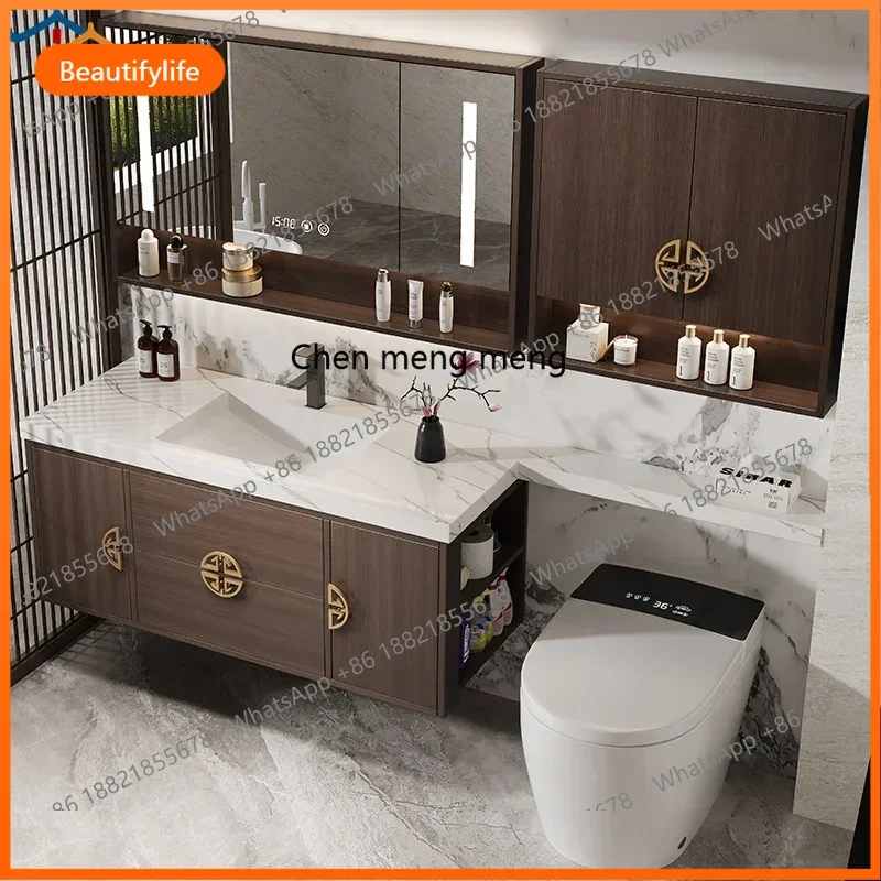 New Chinese oak bathroom cabinet combination bathroom rock slab washbasin toilet sink washbasin