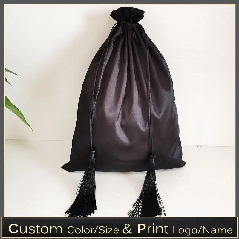 20P  30x40cm Custom Logo Luxury Silk Satin Drawstring Bag with Tassels Hair Extensions Bundles Wigs Makeup Gift Packaging Bags