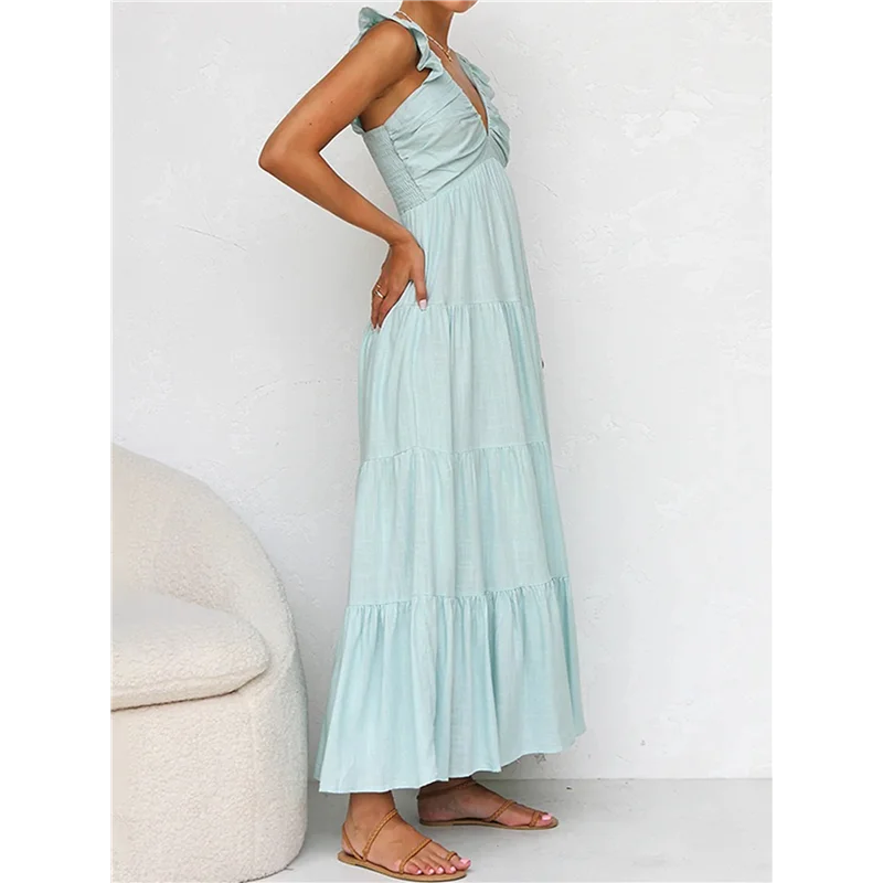 ABRT-Women's Summer Flowy Maxi Dress Casual Sleeveless V Neck Smocked Beach Sundress