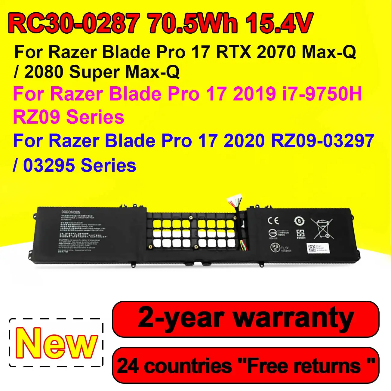RC30-0287 For Razer Blade Pro 17 2019 2020 i7-9750H RZ09-03297 RZ09-03295 RTX 2070 Max-Q Series Laptop Battery 15.4V 70.5Wh