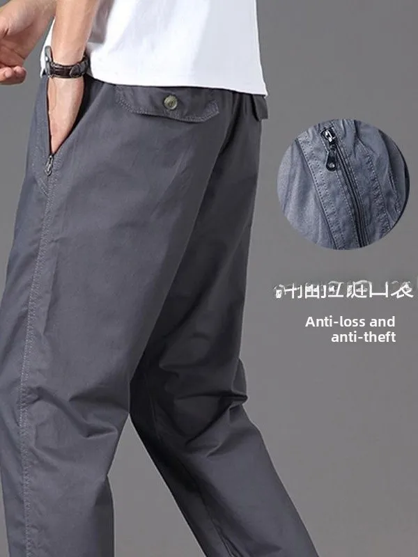 

Men's Casual Loose Straight Leg Cotton Pants Summer Thin Workwear Trousers Wear Resistant Anti Theft Zipper Pockets