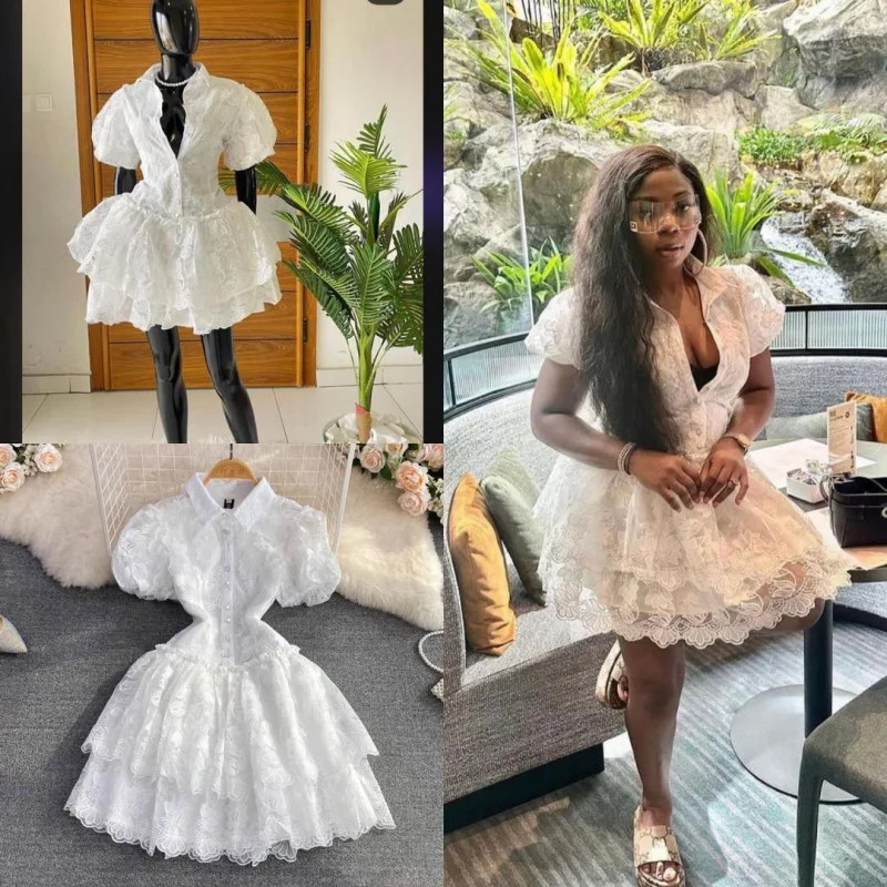 

New2025Summer Retro Temperamental Fairy Lapel Single Breasted White Embroidered Puff SleeveaWord Cakedress