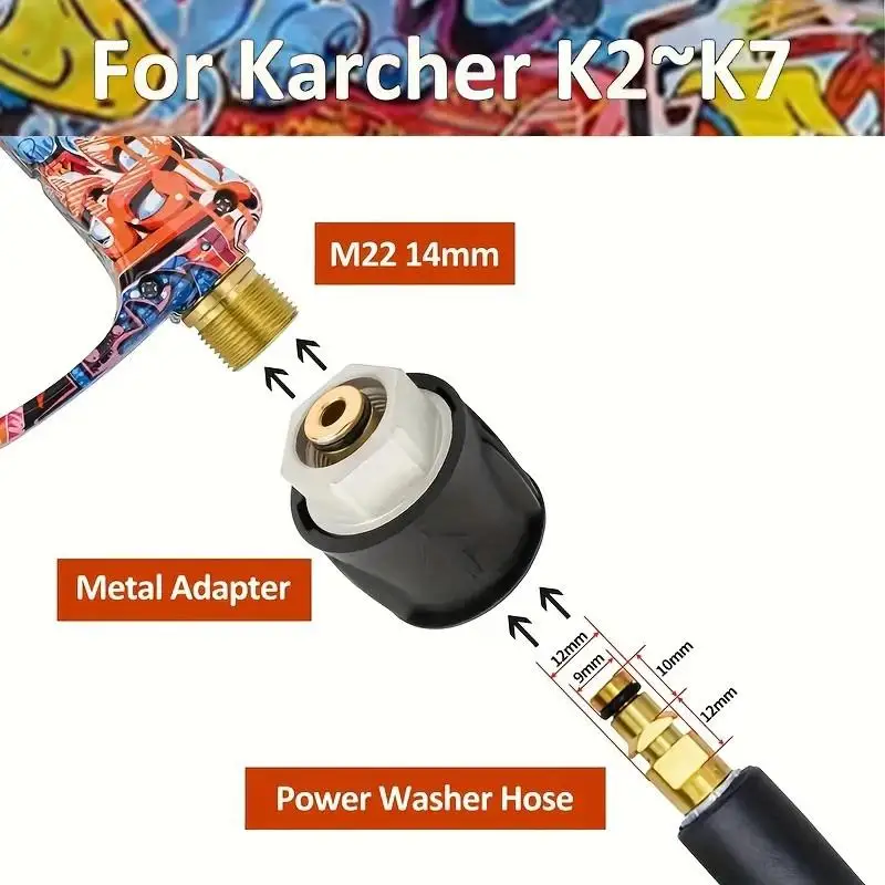 Graffiti-Set mit kurzer Hochdruckreinigerpistole, M22-14mm, 1L Schaumkanone, 5 Düsen & Metalladapter für Kärcher K2-K7 Autowäsche – Detail 7