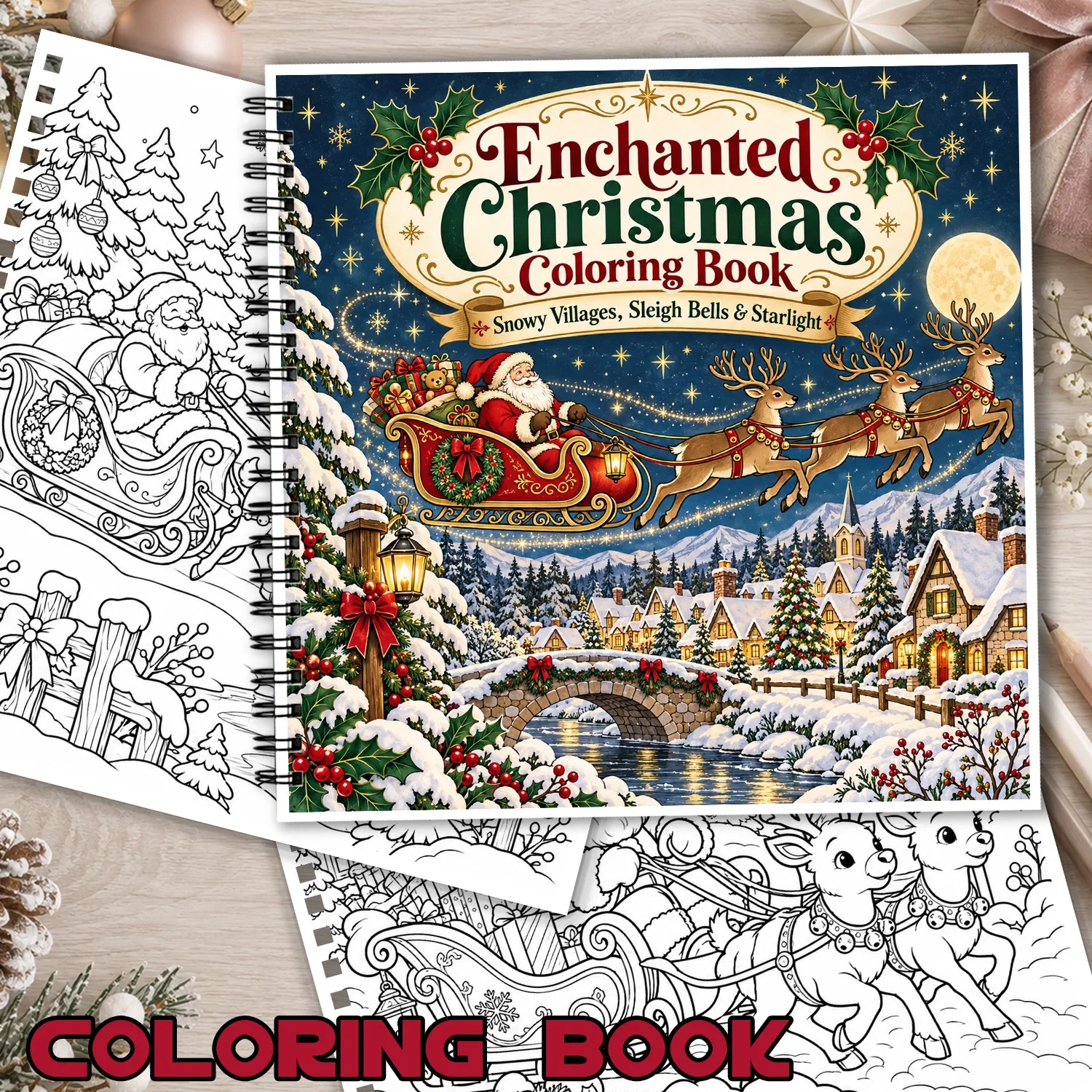 Enchanted Christmas Coloring Book Spiral Bound Snow Village Santa Sleigh Scene 24Sheets Showcasing Creativity & Relieving Stress