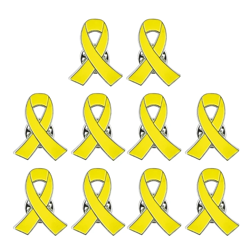 10pcs Anti-Violence Awareness Pins Yellow Ribbon Shape Brooches Stylish Enamel Breastpins Colorful Badges Ornament