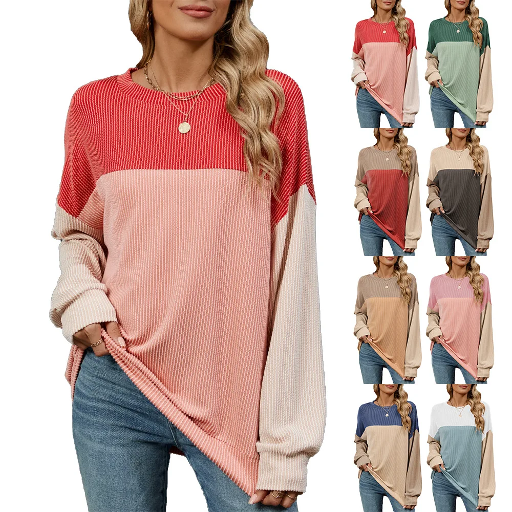 

Autumn and Winter Round Neck Contrasting Color Medium and Long-sleeved Casual T-shirt Top Women